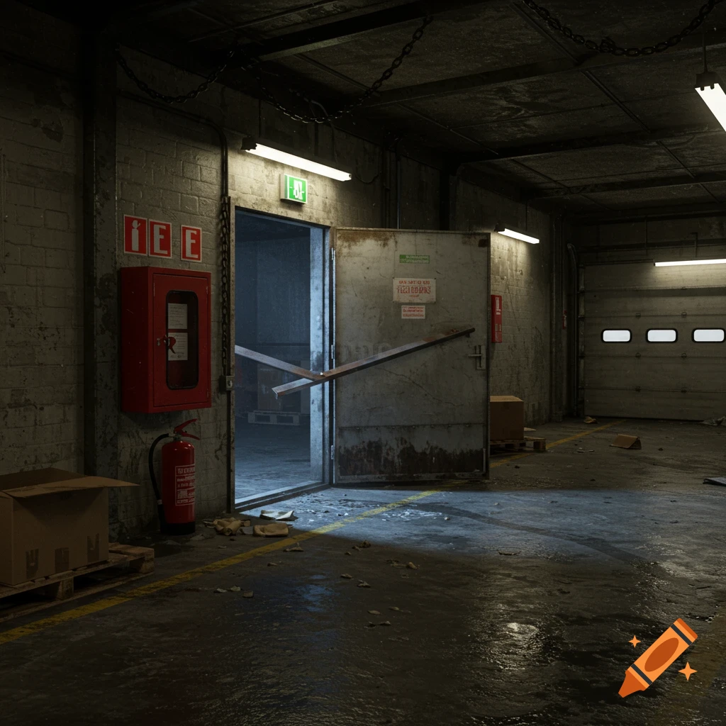 Photorealistic image of a loading dock interior with a propped open door, fire extinguisher, and garage door.