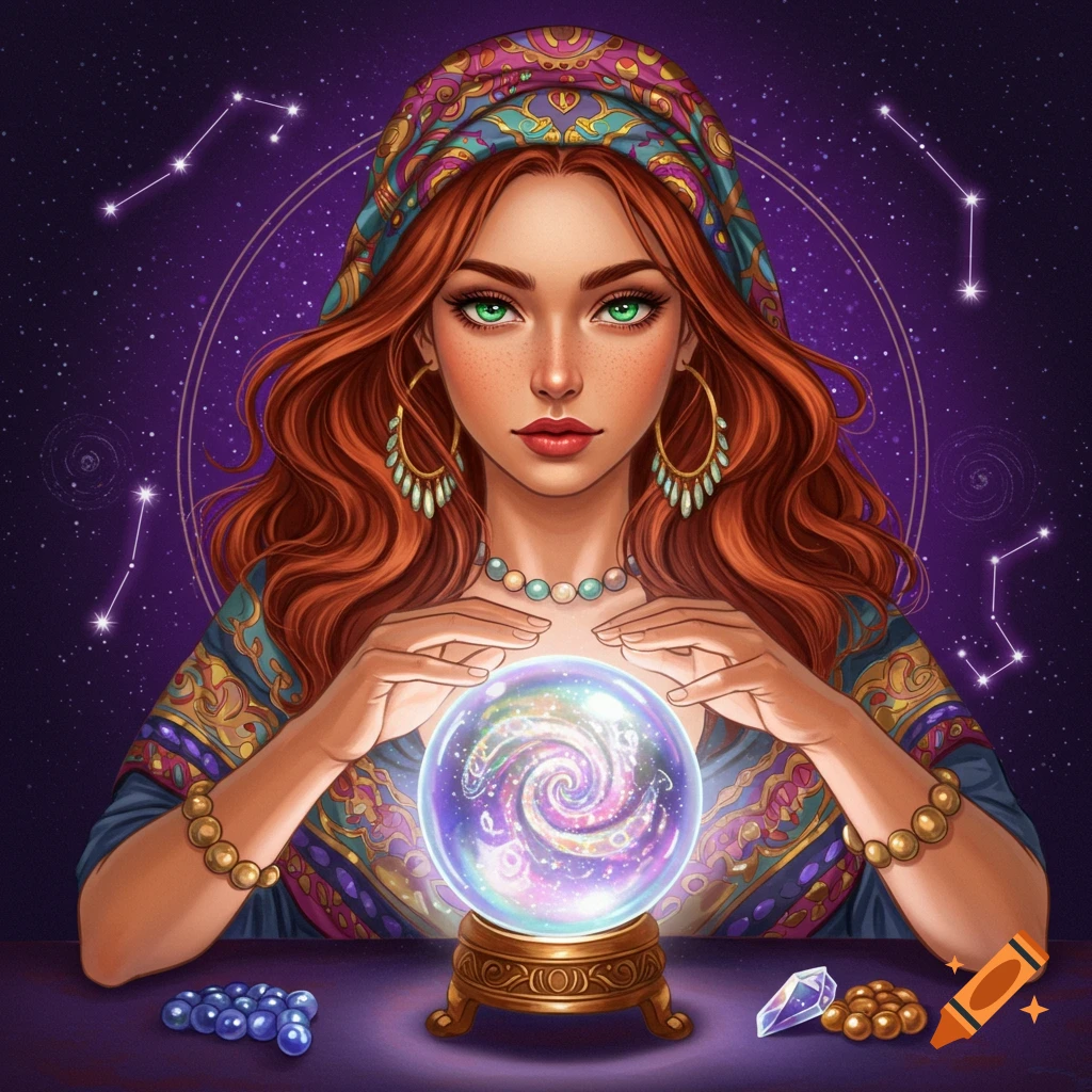 A female fortune teller with red hair looking into a glowing crystal ball against a starry, purple background with constellations.
