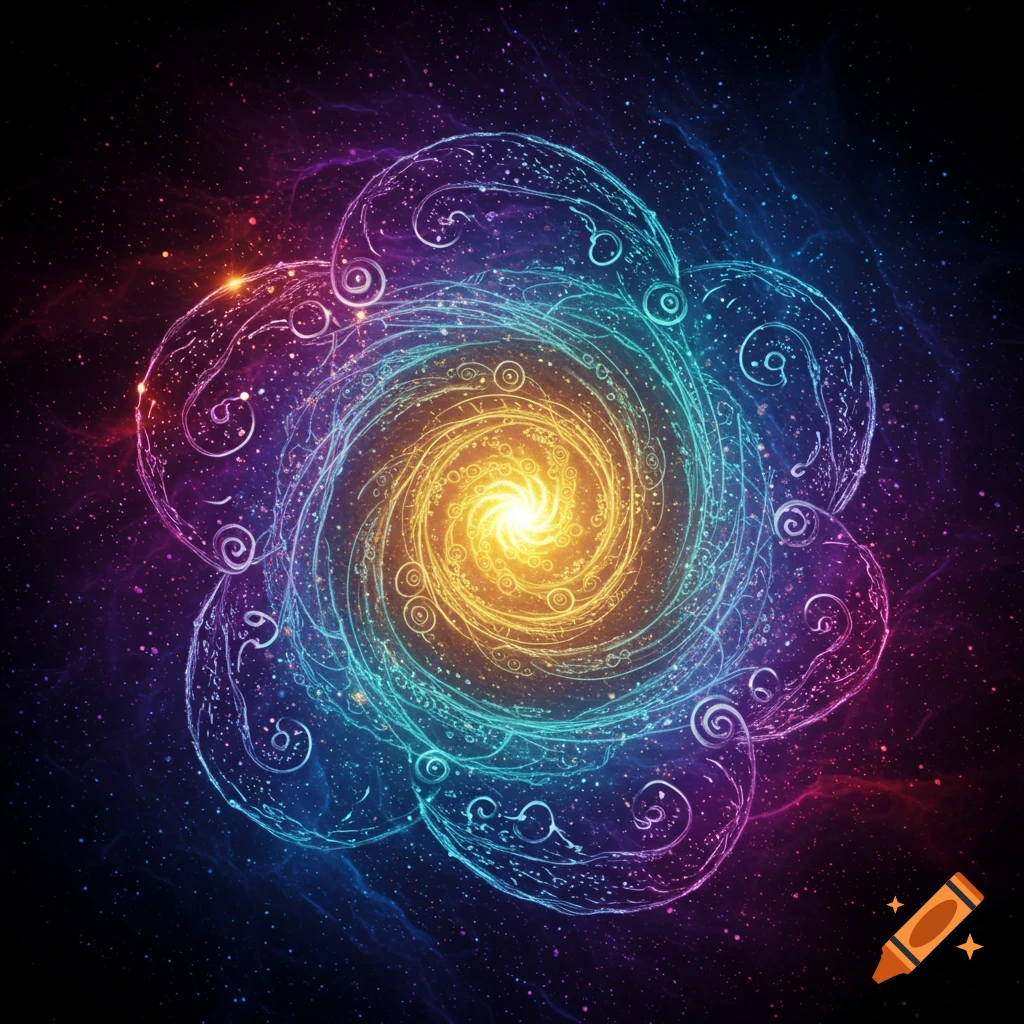 A swirling spiral sigil glowing with cosmic neon colors, against a starry background.