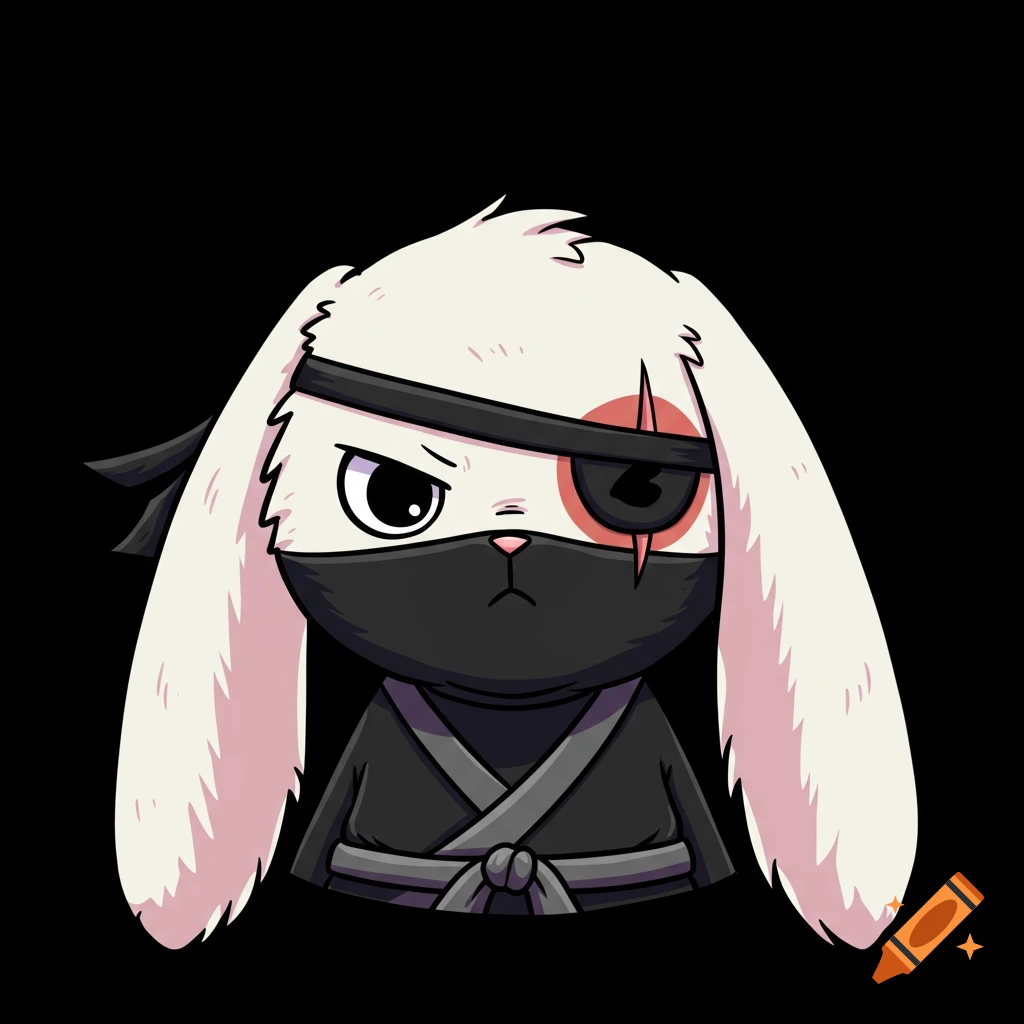 Cartoon ninja rabbit with an eye patch and black mask on a black background.