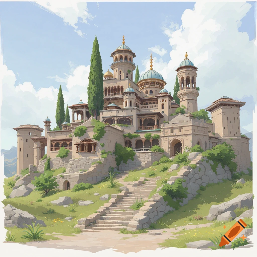 Painterly depiction of a large castle or palace on a grassy hill with stone steps.
