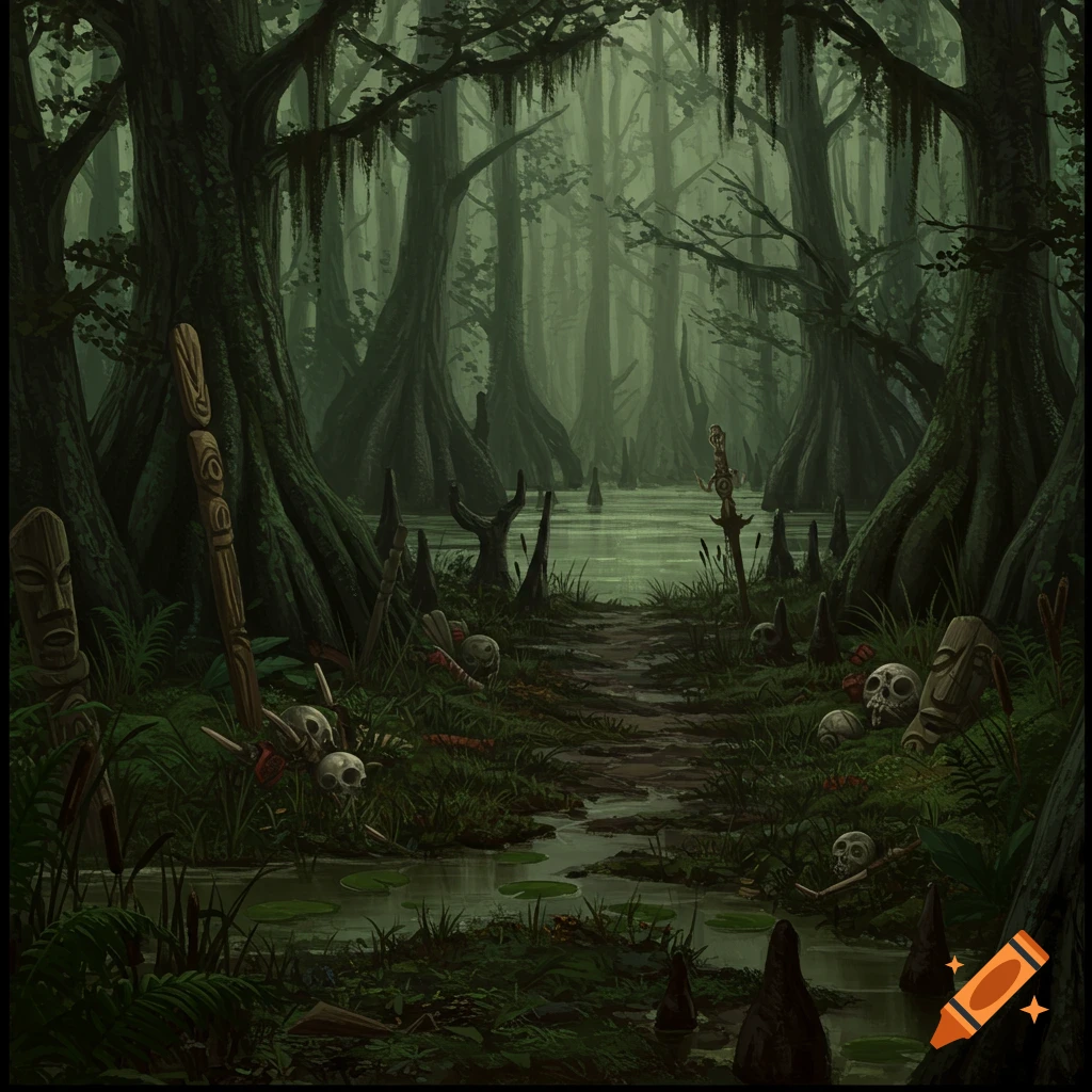 A dark swamp path littered with skulls, bones, and wooden totems.