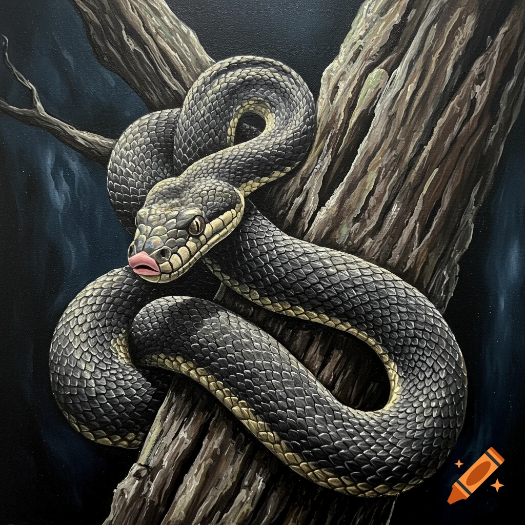 Acrylic painting of a snake with human lips wrapped around a tree. on ...