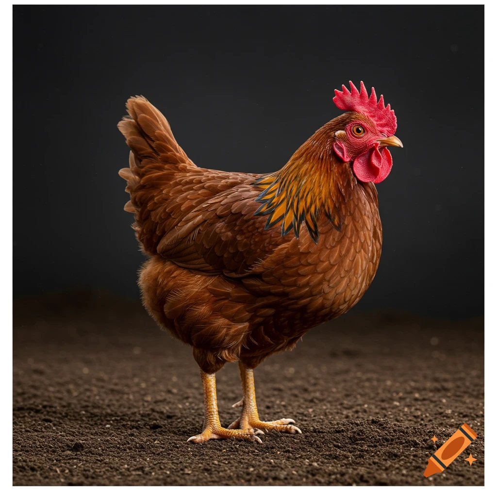 A photorealistic image of a brown chicken standing on soil