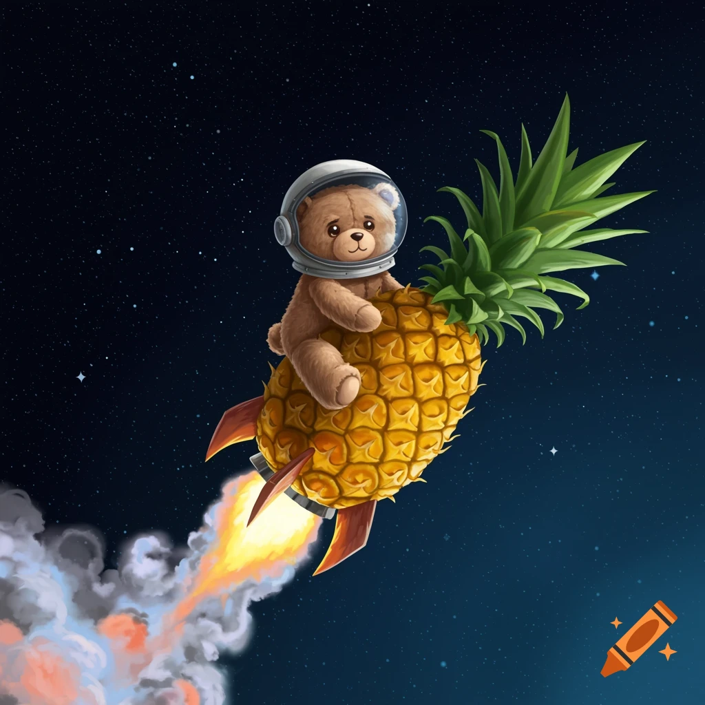 Cartoon illustration of a teddy bear in an astronaut helmet riding a pineapple rocket through space.