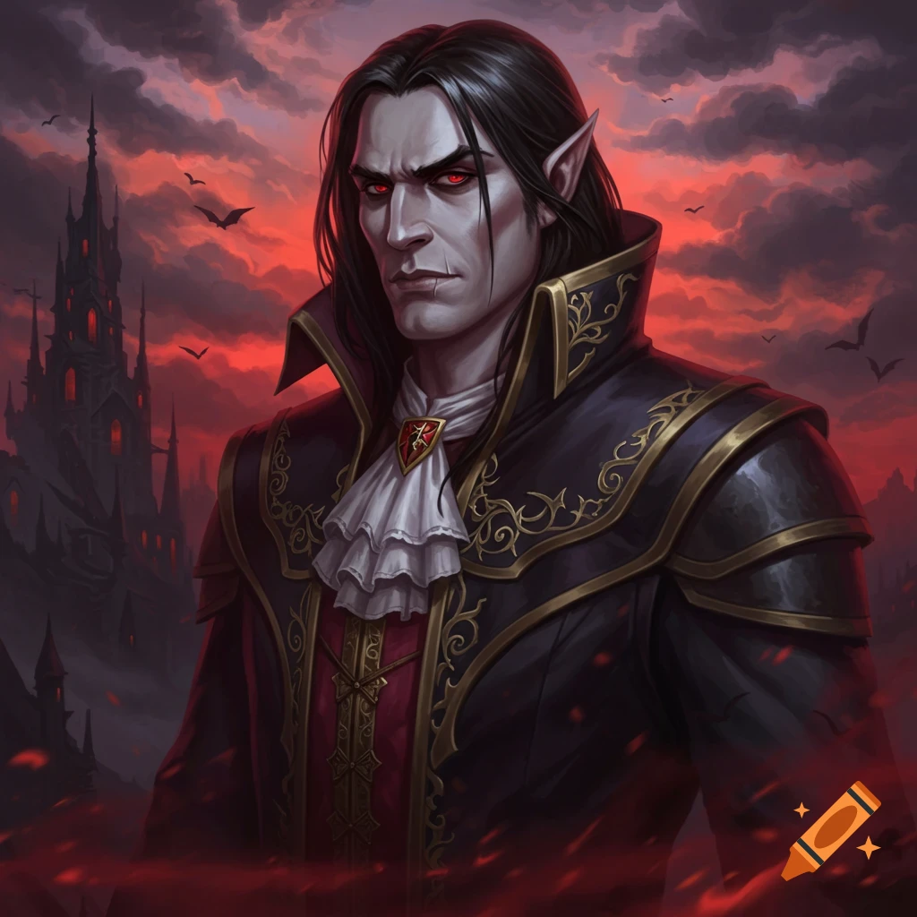 A vampire character in elaborate clothing standing before a gothic castle under a dramatic red sky.