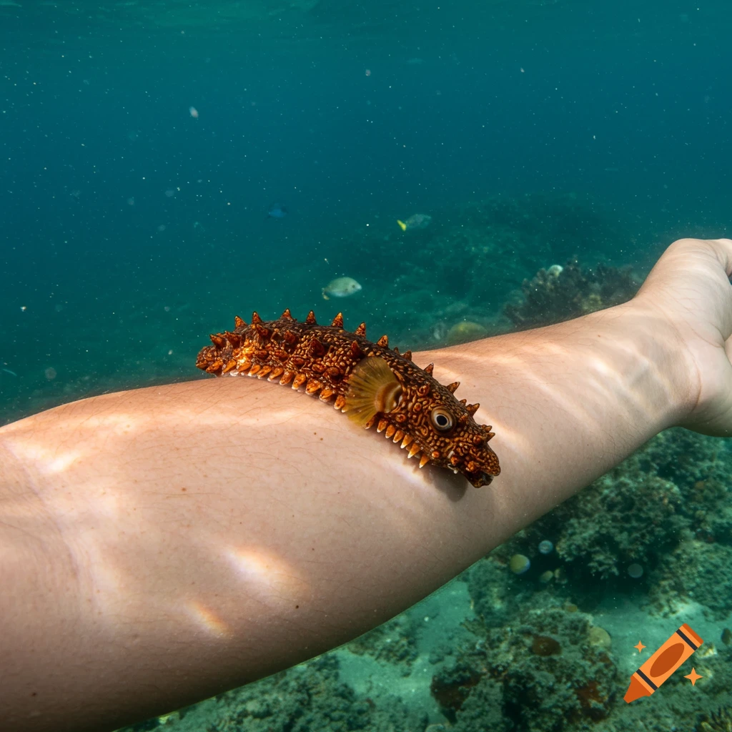 A sea cucumber sits on a person's arm underwater with fish and coral visible in the background.