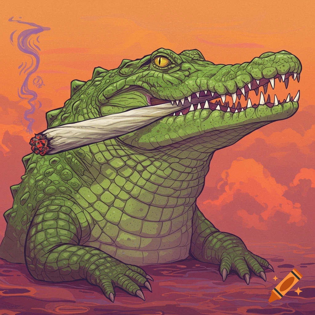 A green crocodile with a large lit joint in its mouth, against an orange sky.