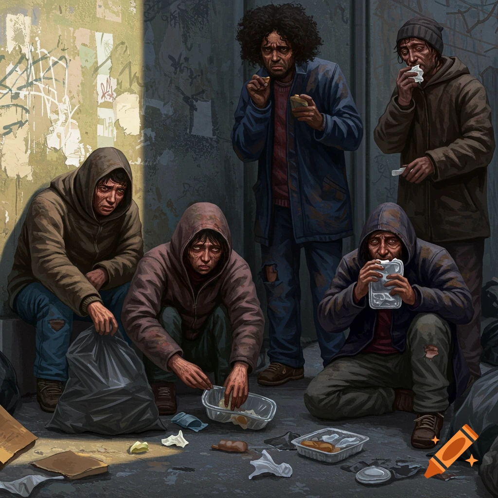 Five dirty, sad-looking homeless people on a street.