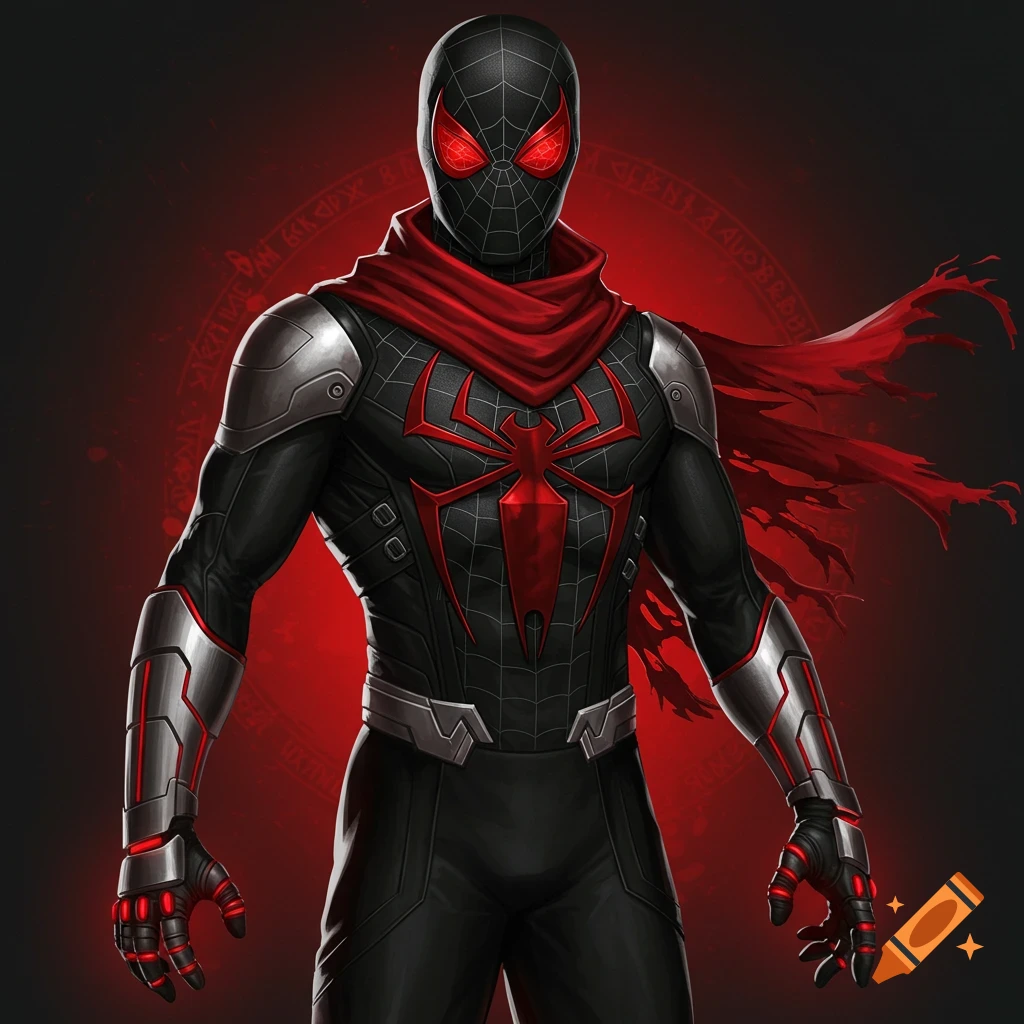 A character in a black and red superhero suit with silver armor and red scarf stands against a red background with symbols, digital art.