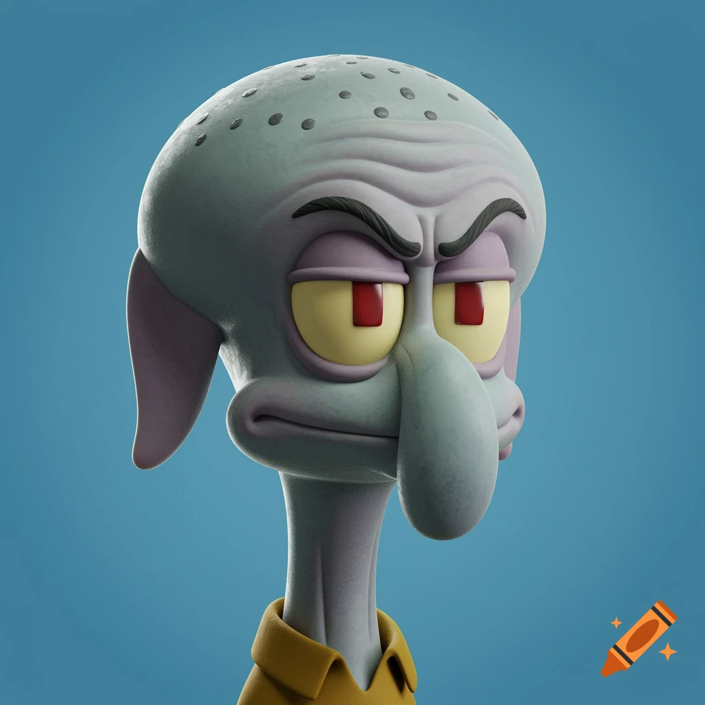 3D render of a character resembling Squidward with a haughty expression on a blue background