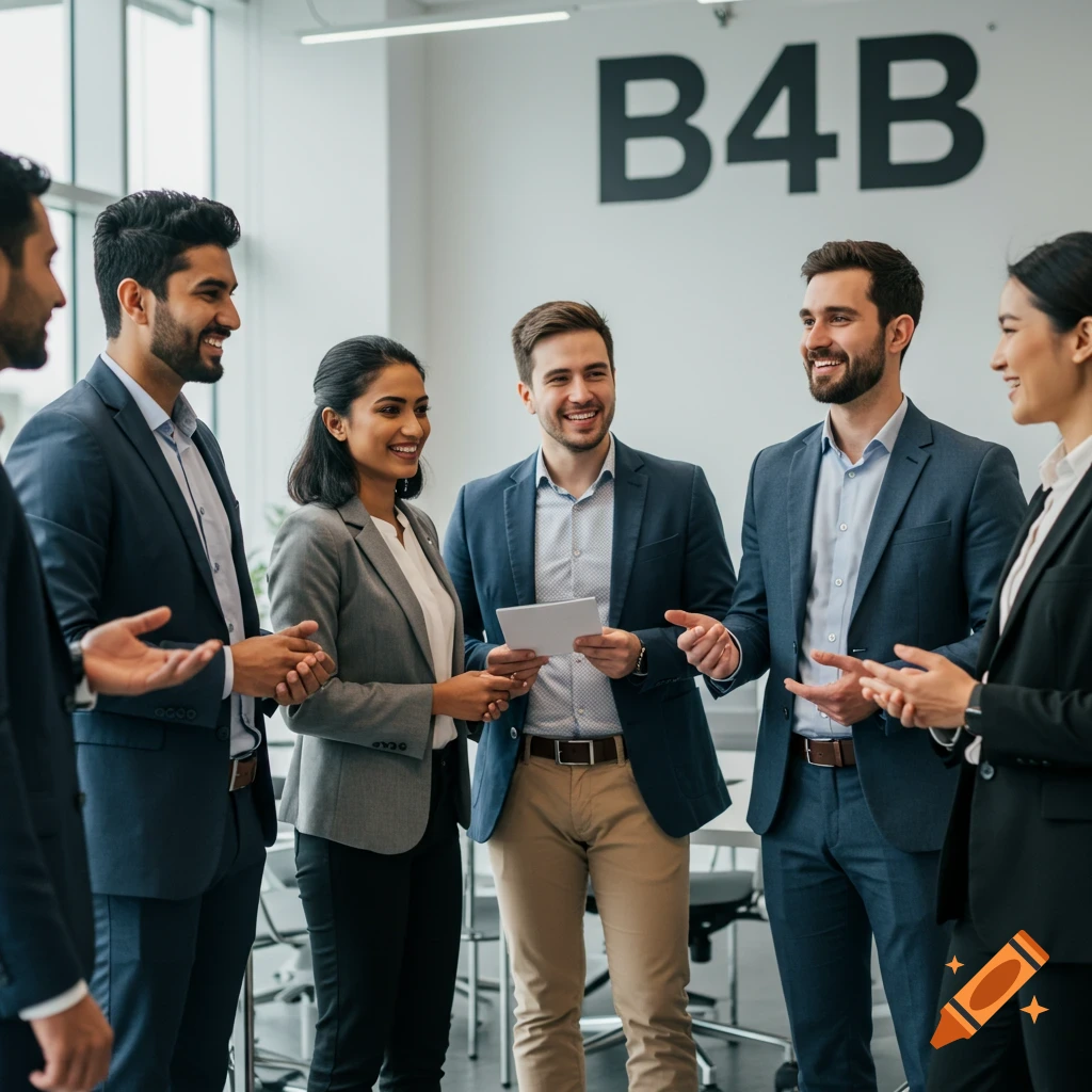 Group of diverse business professionals talking in an office with B4B logo.