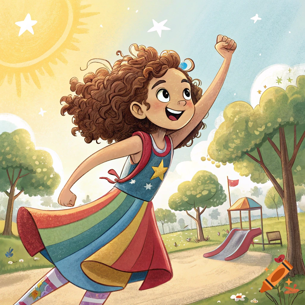 A joyful young girl with curly hair, wearing a rainbow dress and backpack, flies through a sunny park scene in a bright illustration.