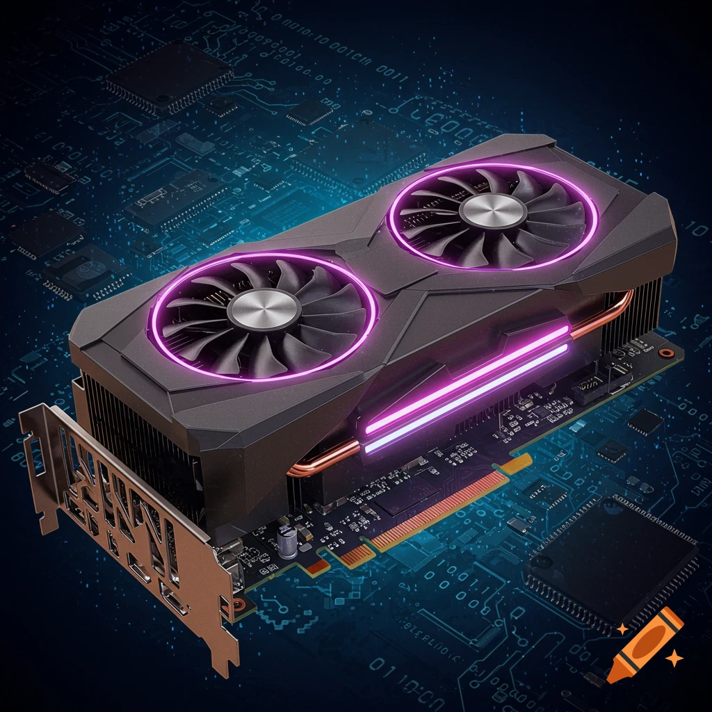 A computer graphics card with purple lighting on a circuit background.