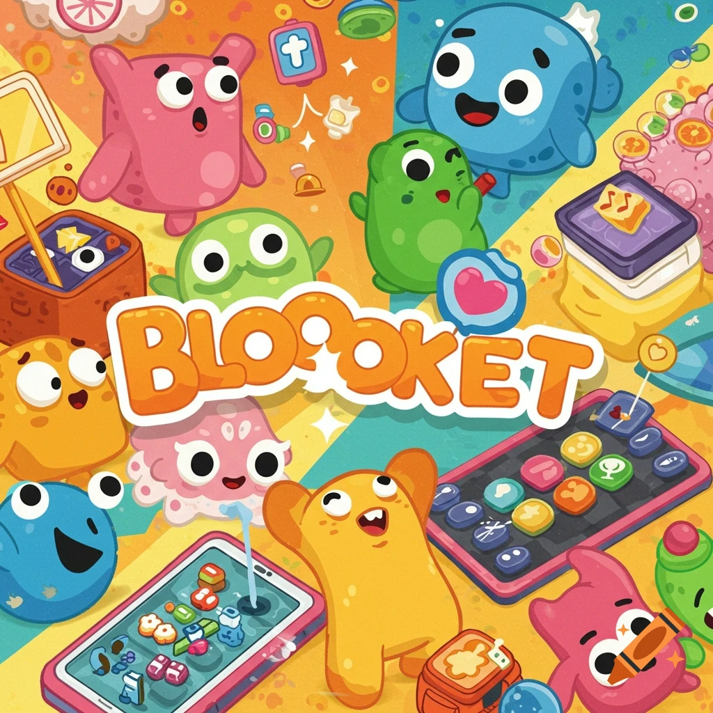 Colorful cartoon illustration with cute blob characters and phones, featuring the text 'BLOOKET'.