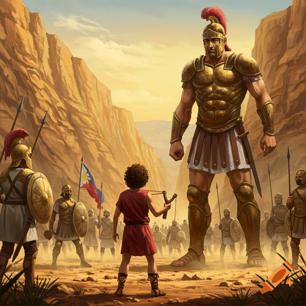 Young David faces giant Goliath in a valley, with armies behind them.