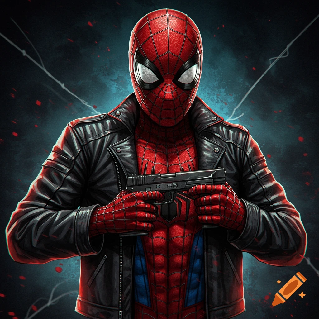 Spider-Man in a leather jacket holding a pistol.