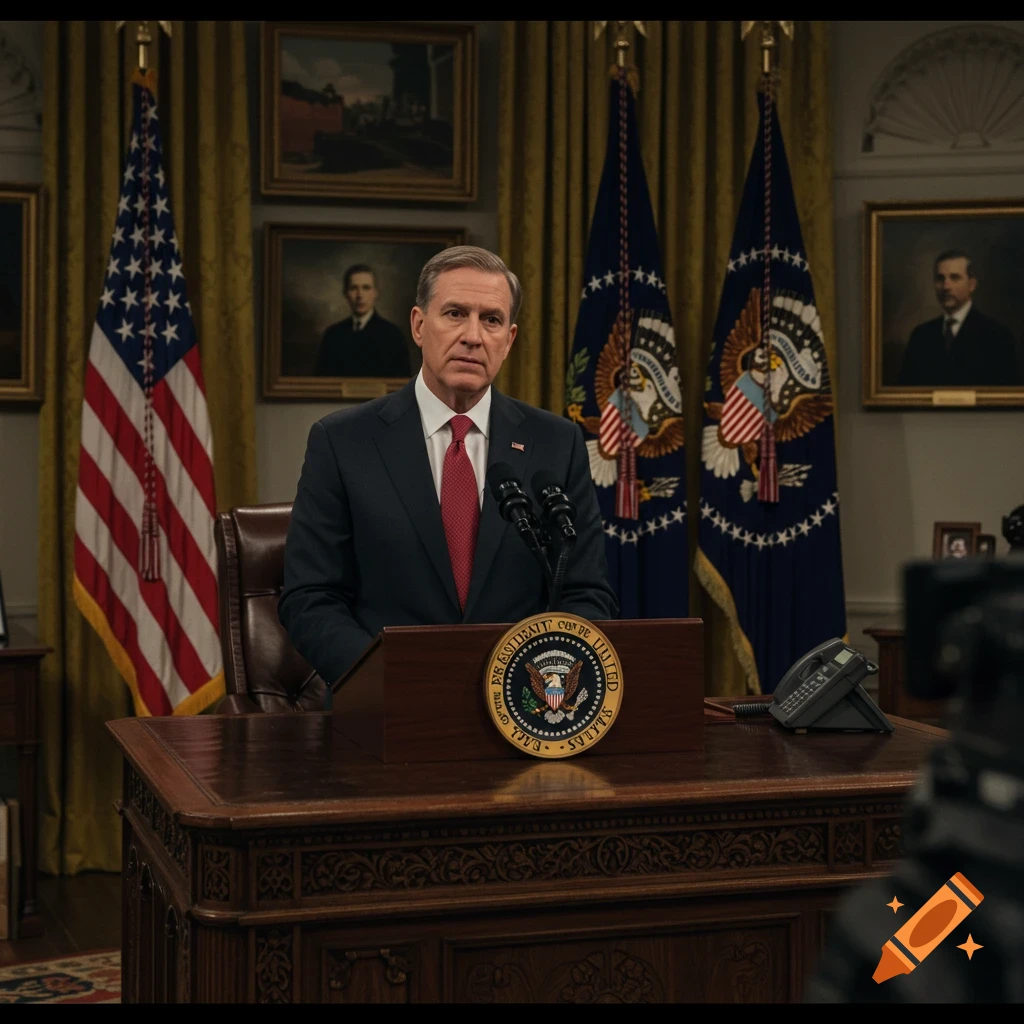 A man in a suit speaks from a podium with flags and portraits in a government office.