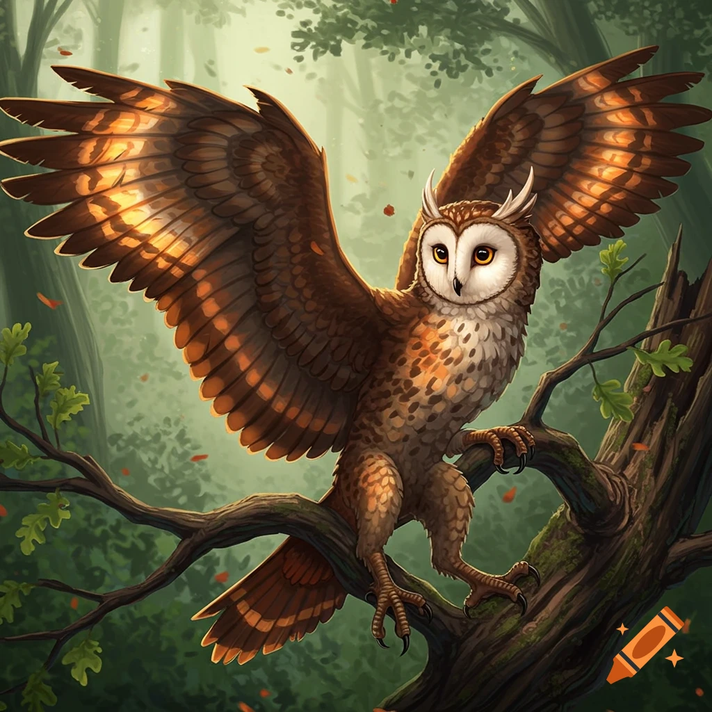 An owldragon is perched on a tree branch with wings spread in a forest.