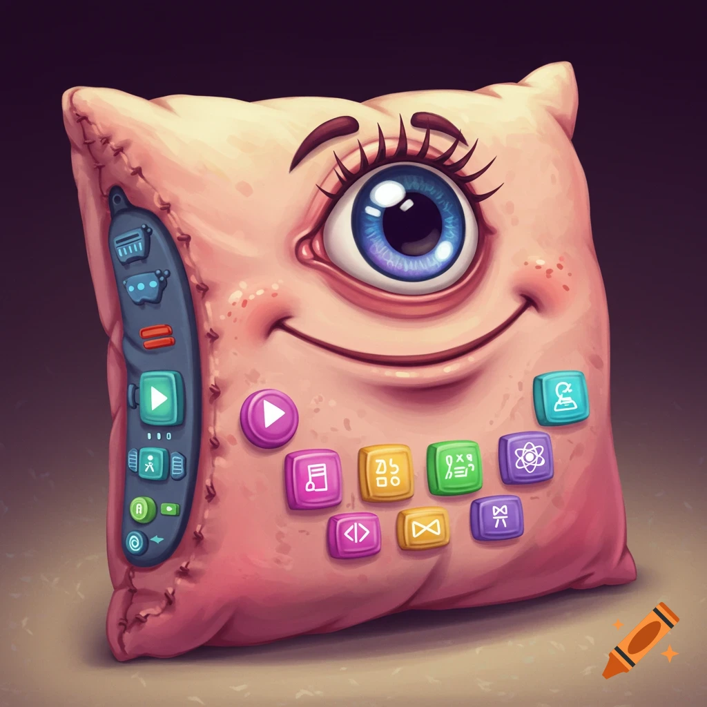 Pink cartoon pillow character with a large eye, smile, control panel, and colorful buttons.