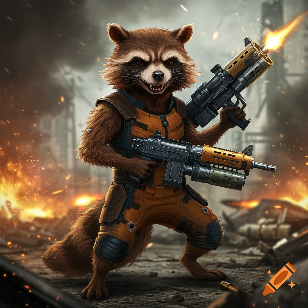 A bipedal raccoon in a spacesuit holds two large guns in a battle-damaged city, stylized like a comic book.