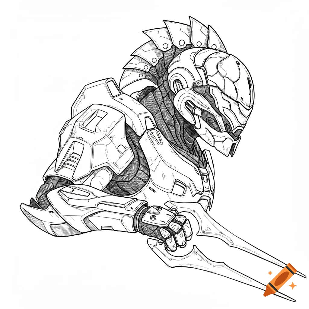 Line drawing of the Arbiter from Halo in side profile holding an energy sword.