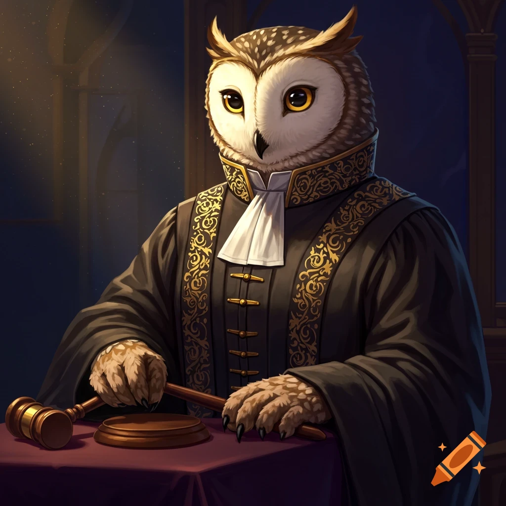 An anthropomorphic owl wearing judge's robes and holding a gavel in a courtroom.