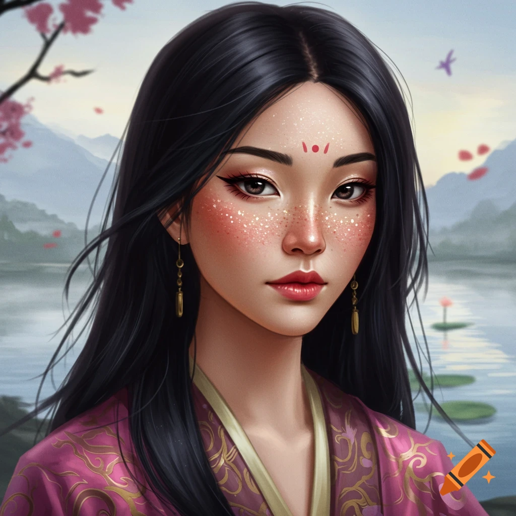A portrait of a beautiful woman with dark hair and freckles. She is wearing ornate pink clothing and is by a lake with mountains and cherry blossoms.