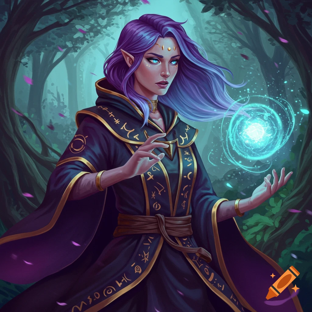 An elf sorceress with purple hair casting a magic orb in a forest.