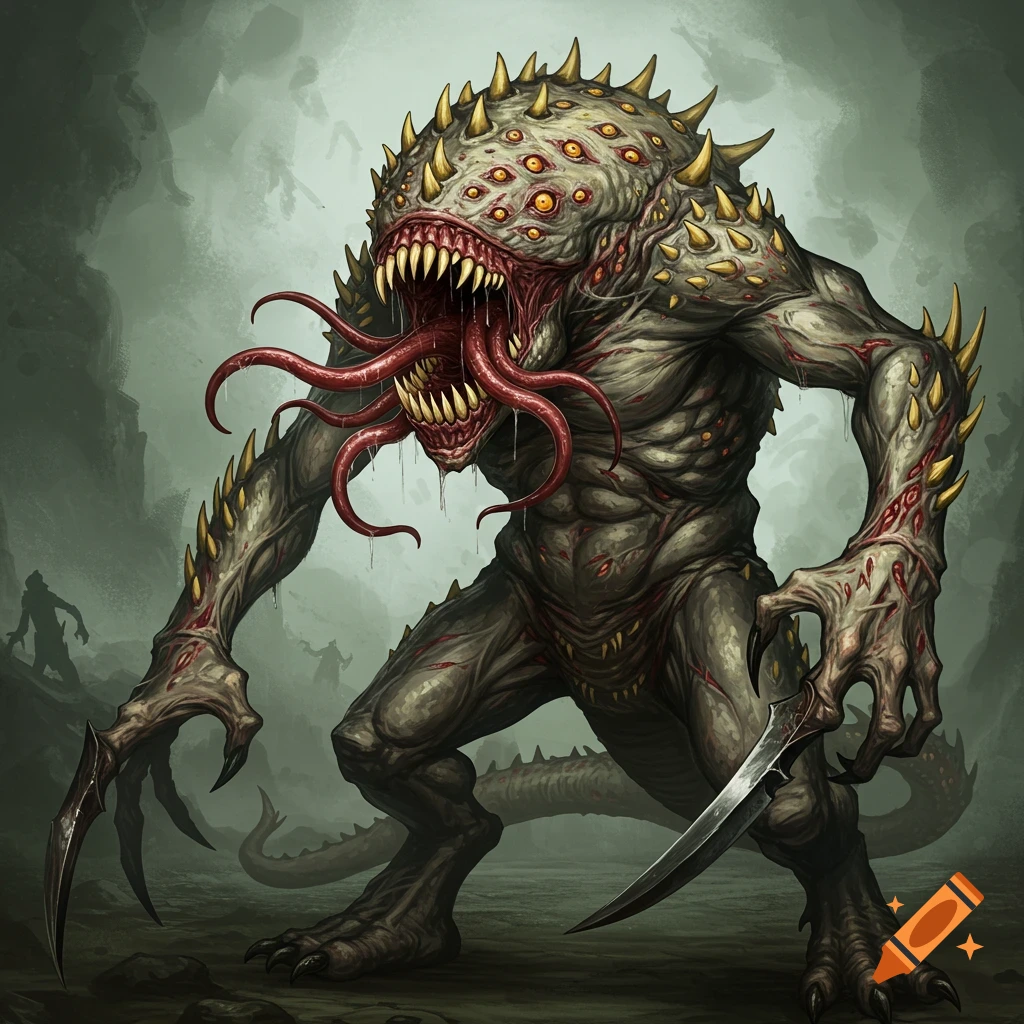 Large monster with many eyes, teeth, tentacles, spikes, and claws in a dark fantasy setting.