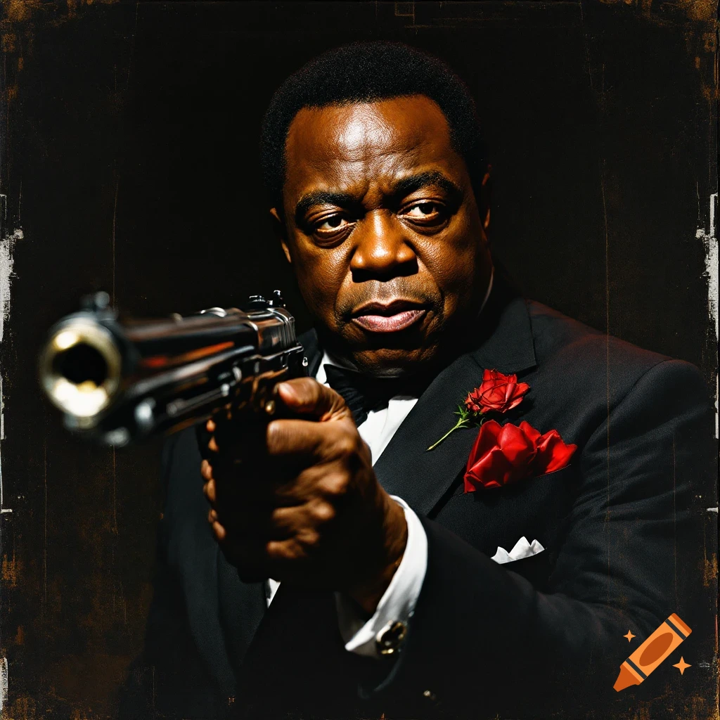 Portrait of a man in a suit holding a gun, in a dark, moody style.