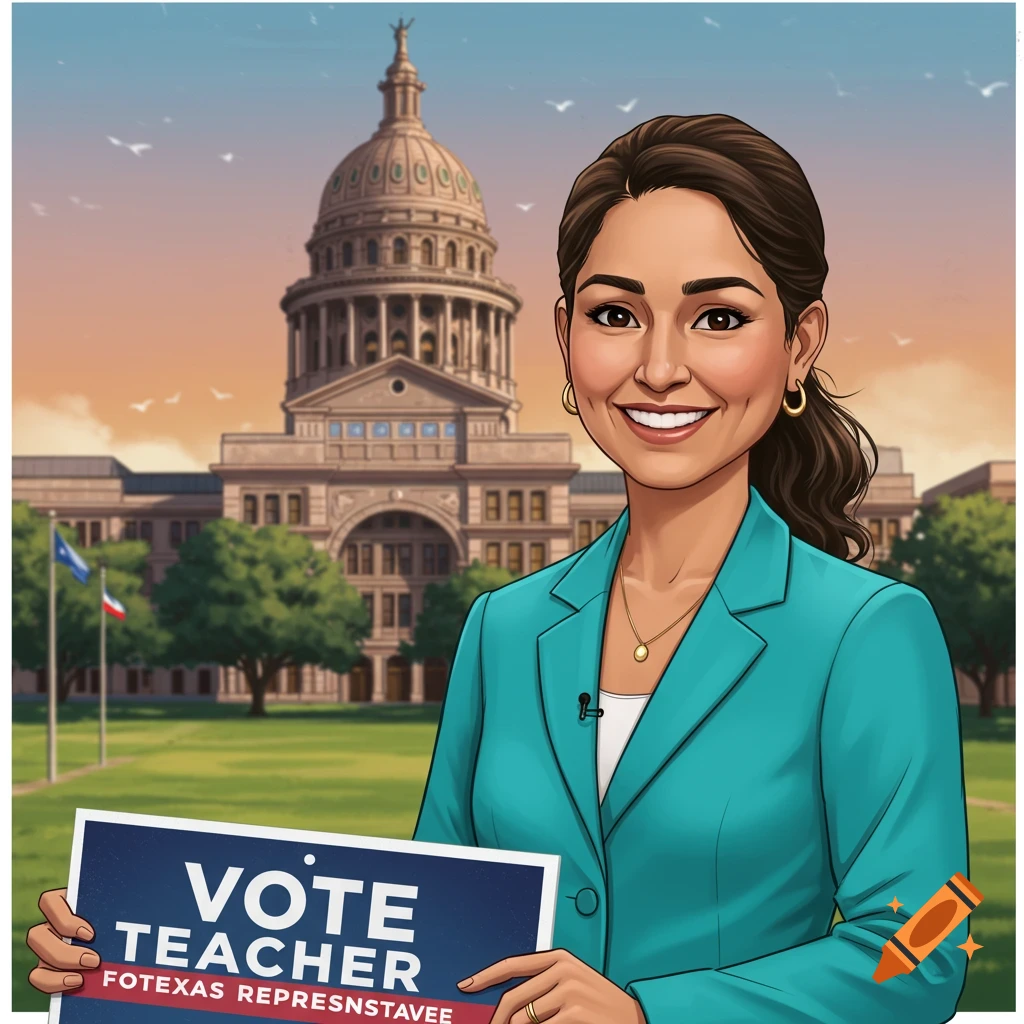 A cartoon woman holds a Vote Teacher sign in front of a capitol building.