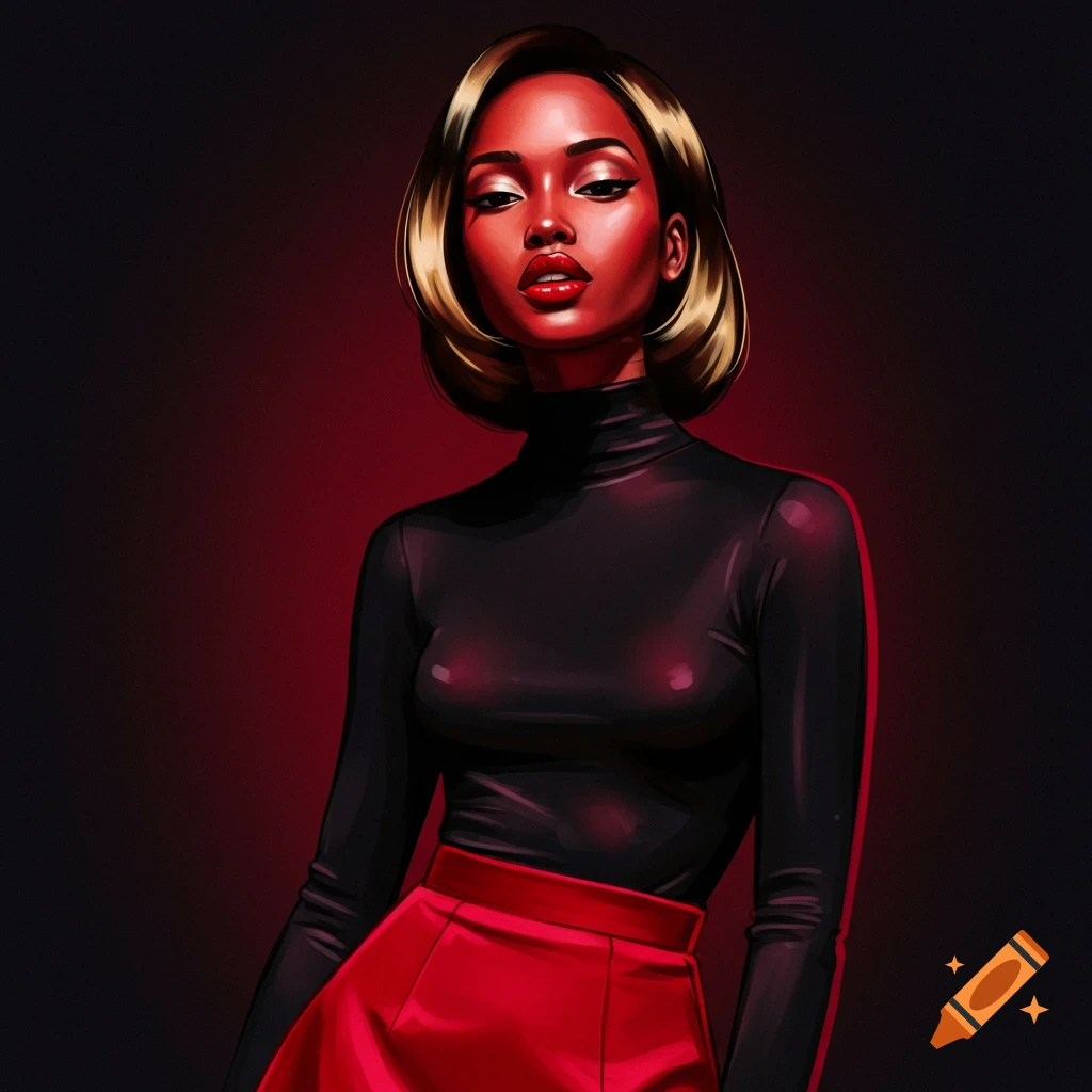 A woman in a black turtleneck and red skirt with red lighting.