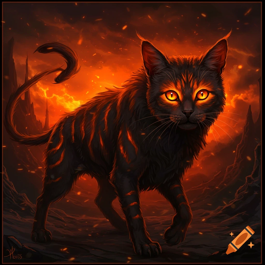 A black cat creature with glowing orange markings in a fiery hellish landscape.