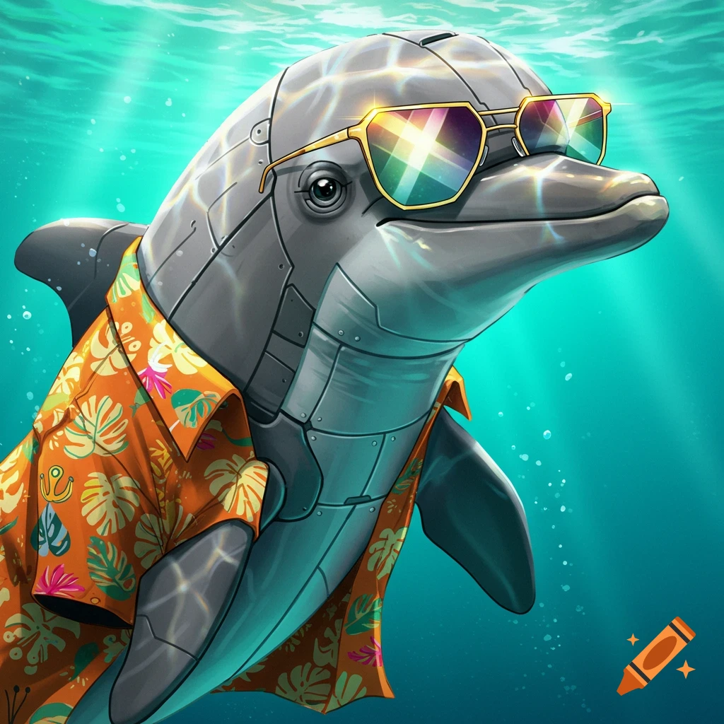 An image of a cyborg dolphin wearing sunglasses and a Hawaiian shirt underwater.