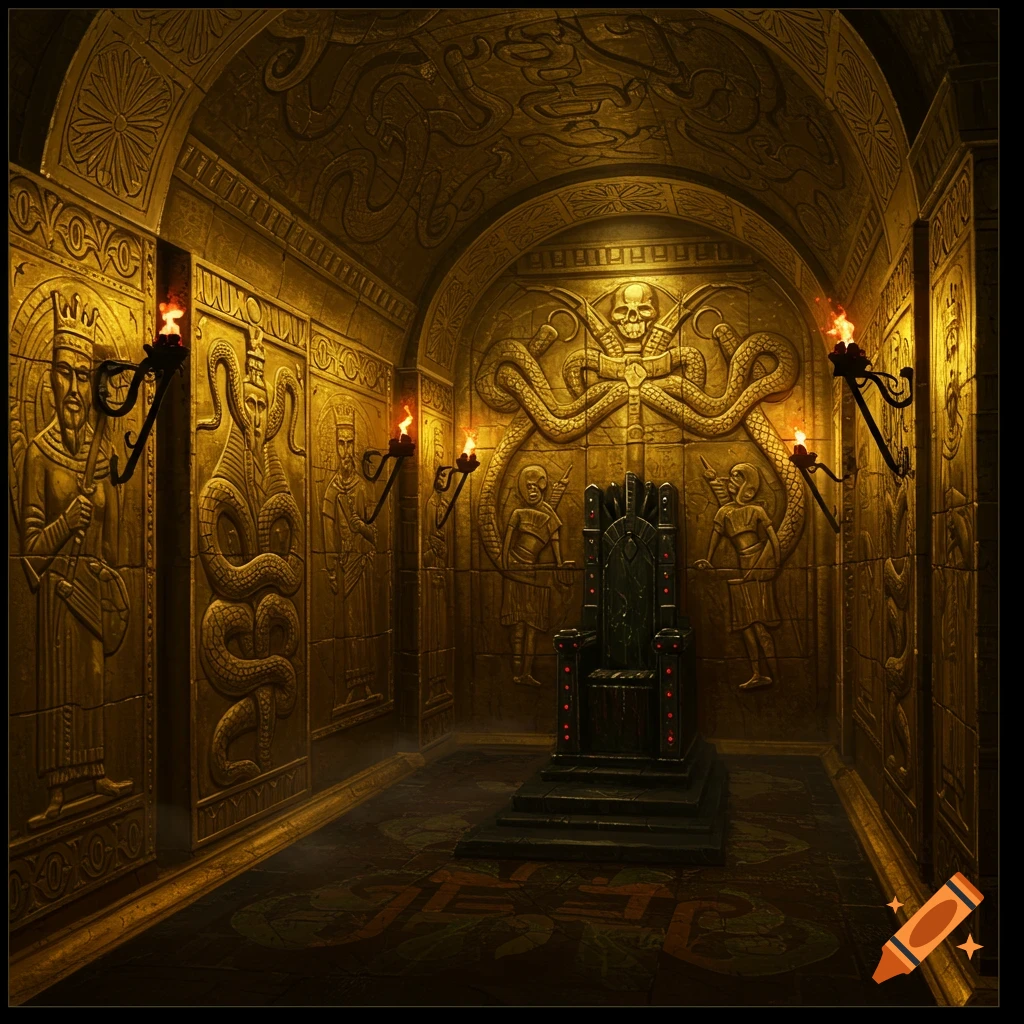 A dark, ancient underground throne room with gold carved walls and a black throne.