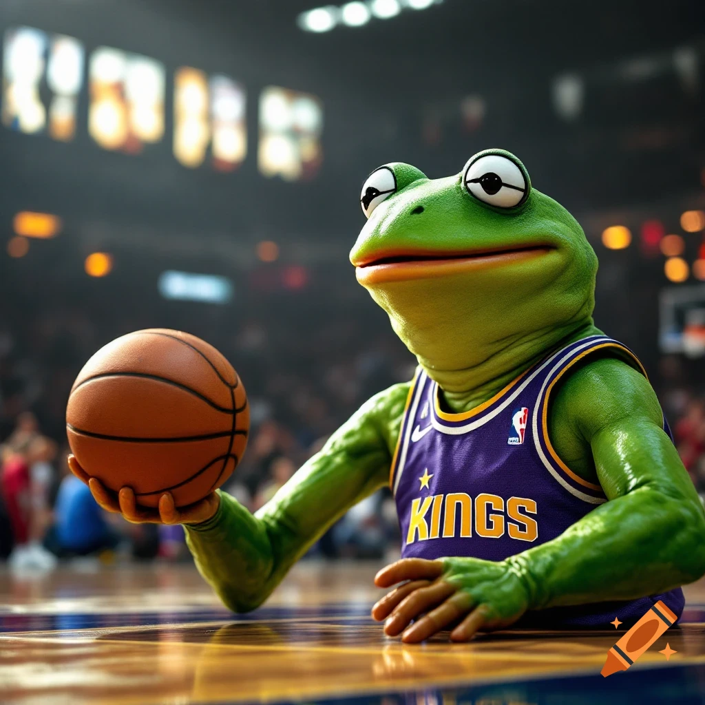 Green frog character in a purple basketball jersey holds a basketball on a court.