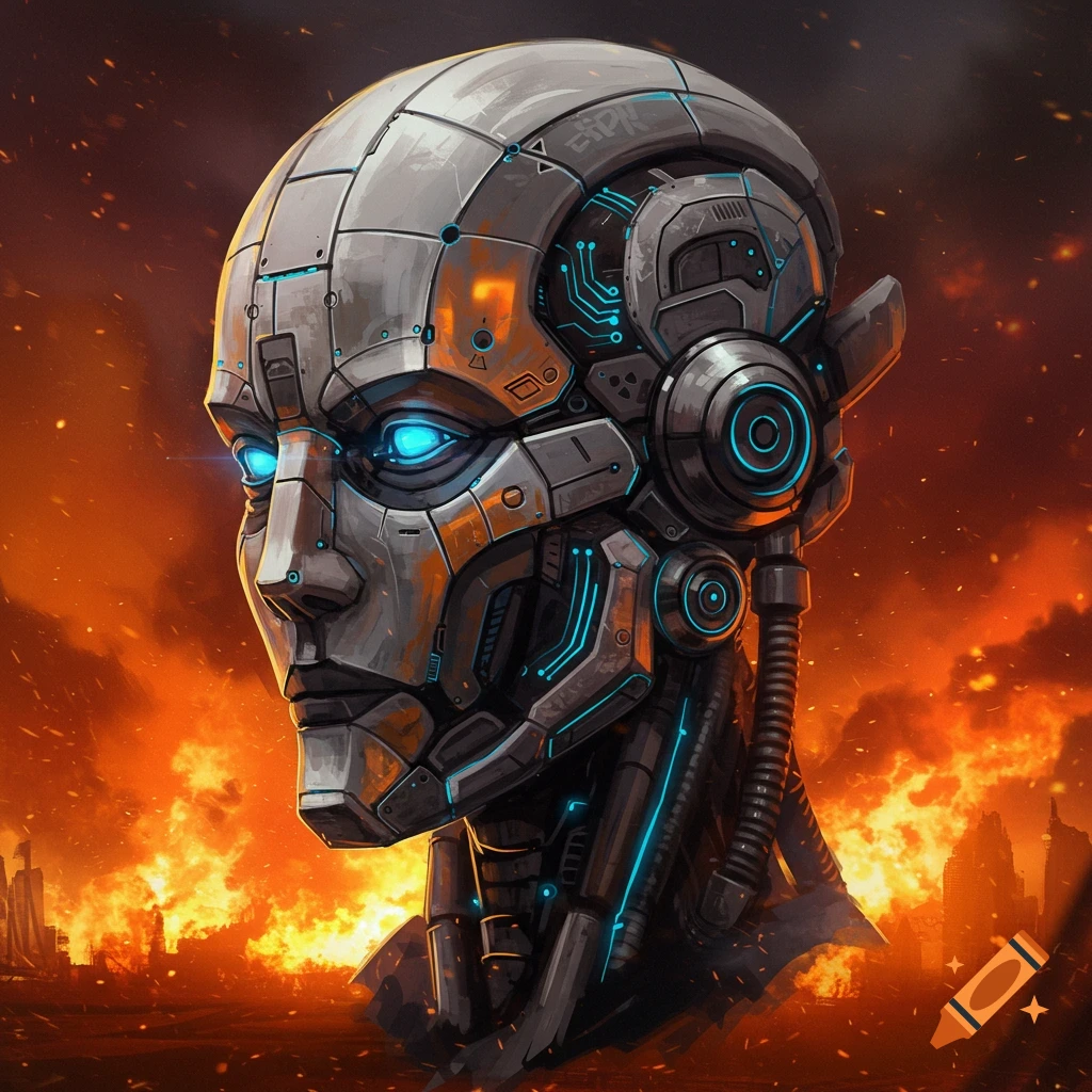 A robot head with glowing blue eyes against a burning cityscape
