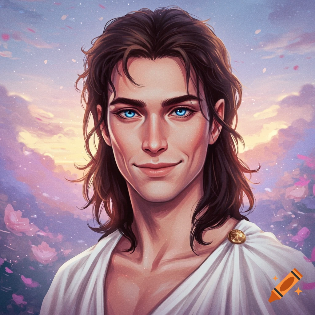 A man with long brown hair and bright blue eyes wearing a white toga against a pastel sky with clouds and flowers.