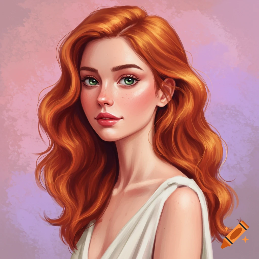 Portrait of a woman with red hair and green eyes.