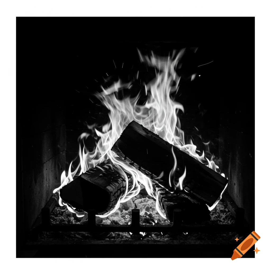 Black and white photograph of logs burning in a fireplace.