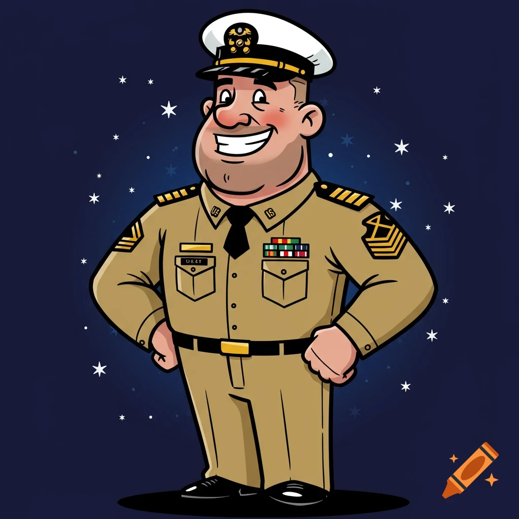 Cartoon illustration of a smiling US Navy Chief petty officer in uniform.