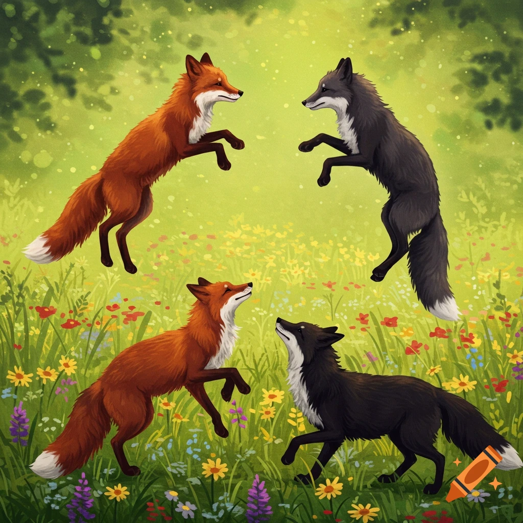 Four stylized foxes dance in a meadow of wildflowers.