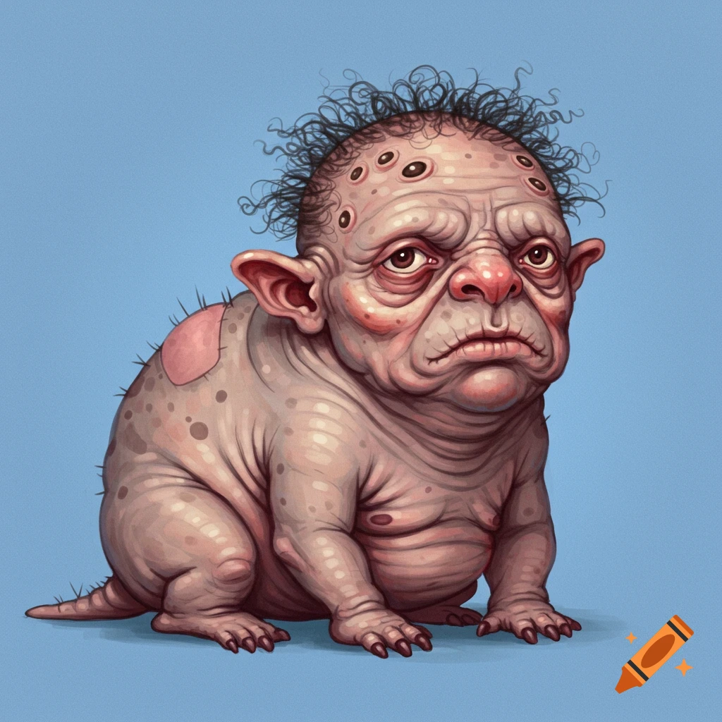 A creature with wrinkled skin, multiple eyes, sparse curly hair, and large ears.