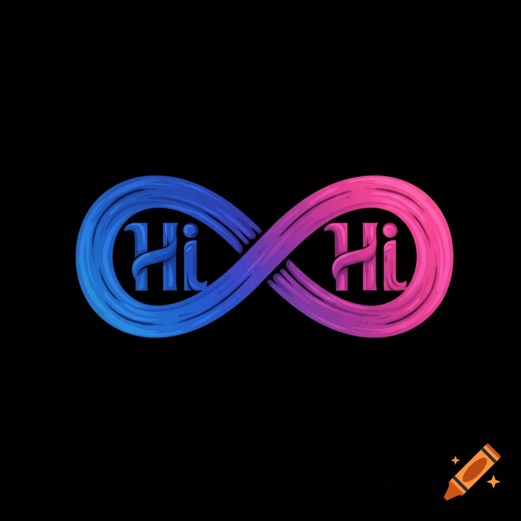 A blue and pink gradient infinity sign with the text 'Hi' inside each loop, on a black background.