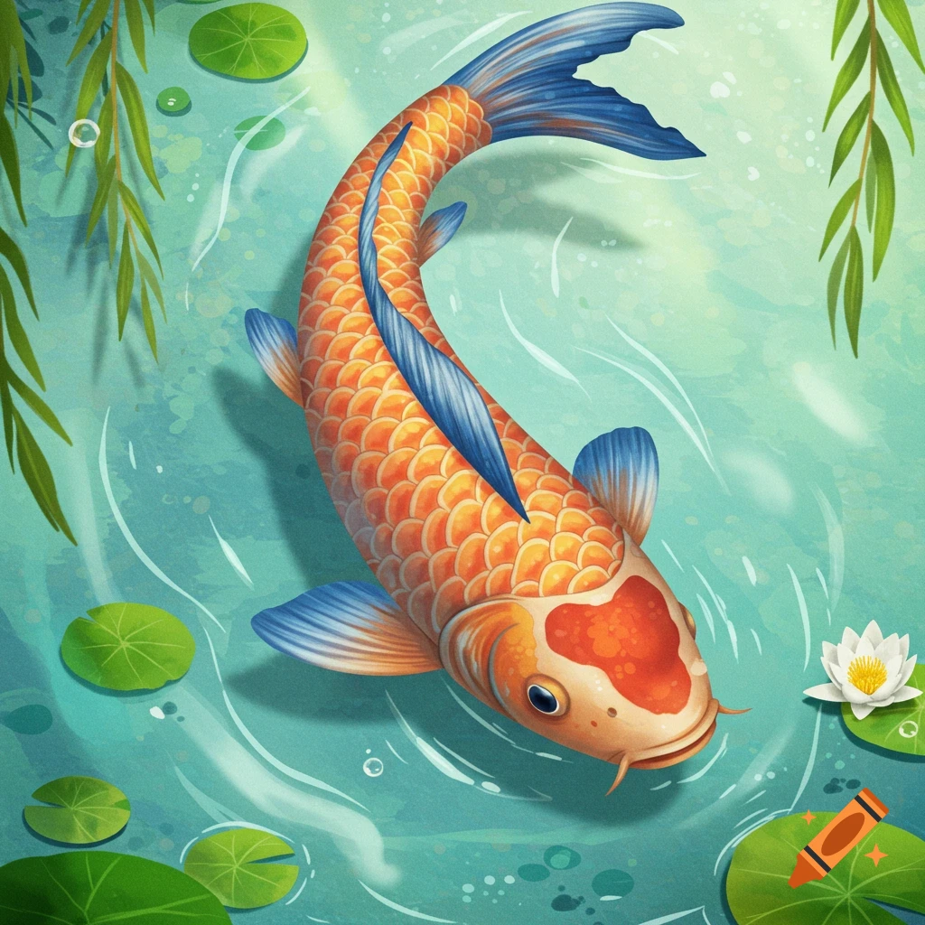An orange and blue koi fish is swimming in a pond with lily pads.