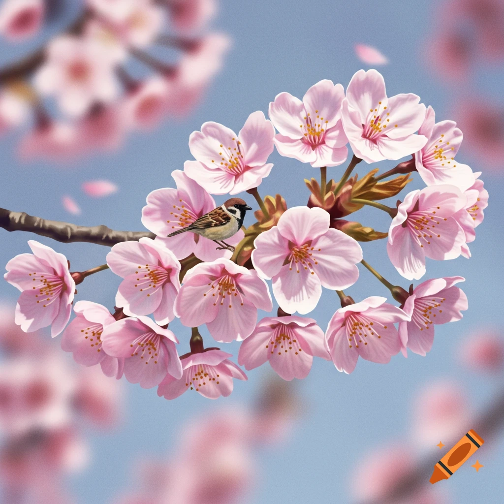 A small bird perched on a branch of pink cherry blossoms against a blue sky.