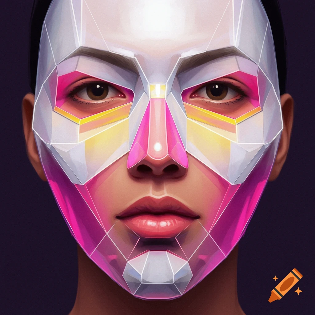 Close-up of a face wearing a white geometric mask with pink and yellow gradient sections.