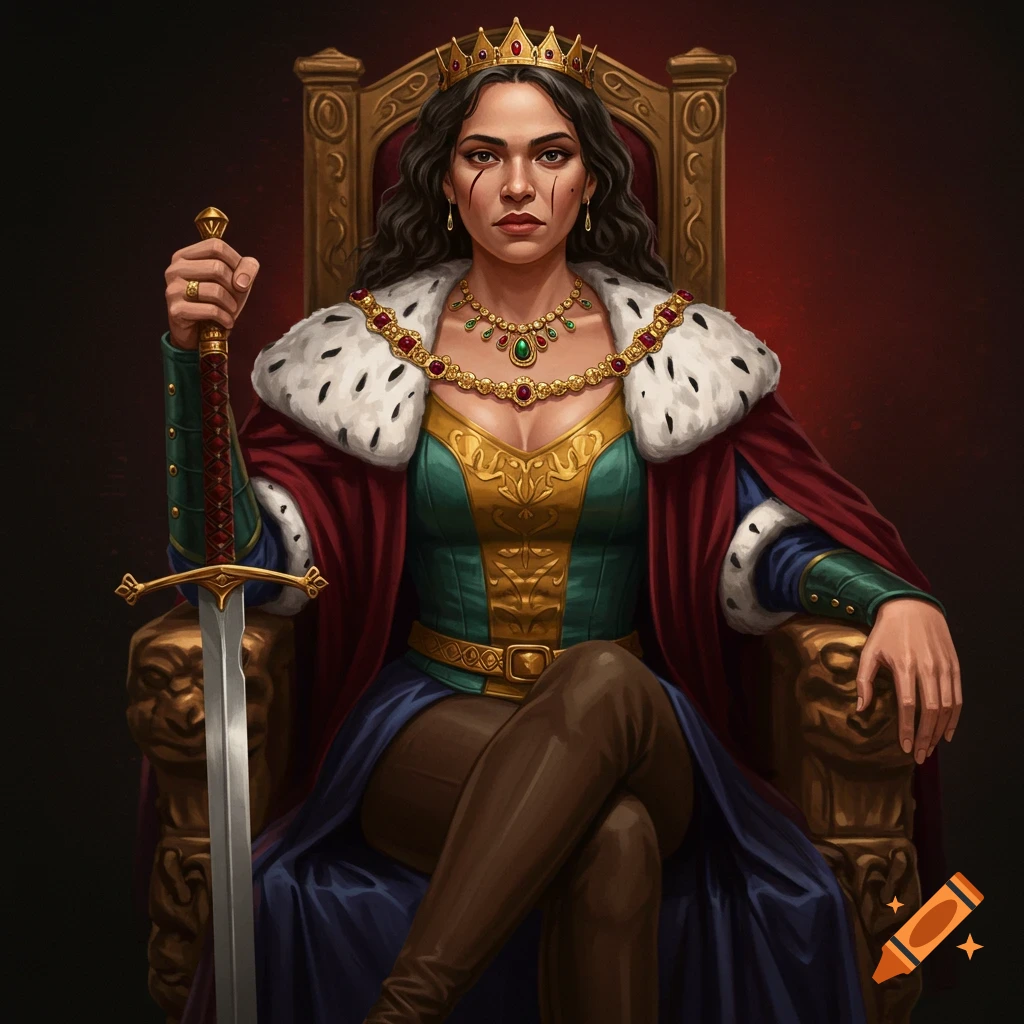 A queen in regal attire is sitting on a throne, holding a sword.