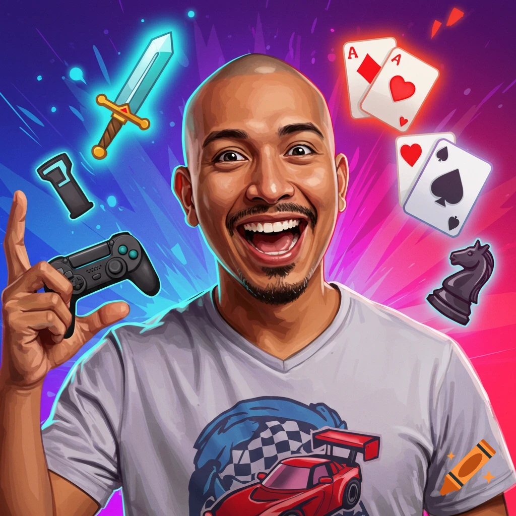 A bald man smiles while holding a game controller. He is surrounded by various gaming symbols, including cards, a sword, and a chess piece.